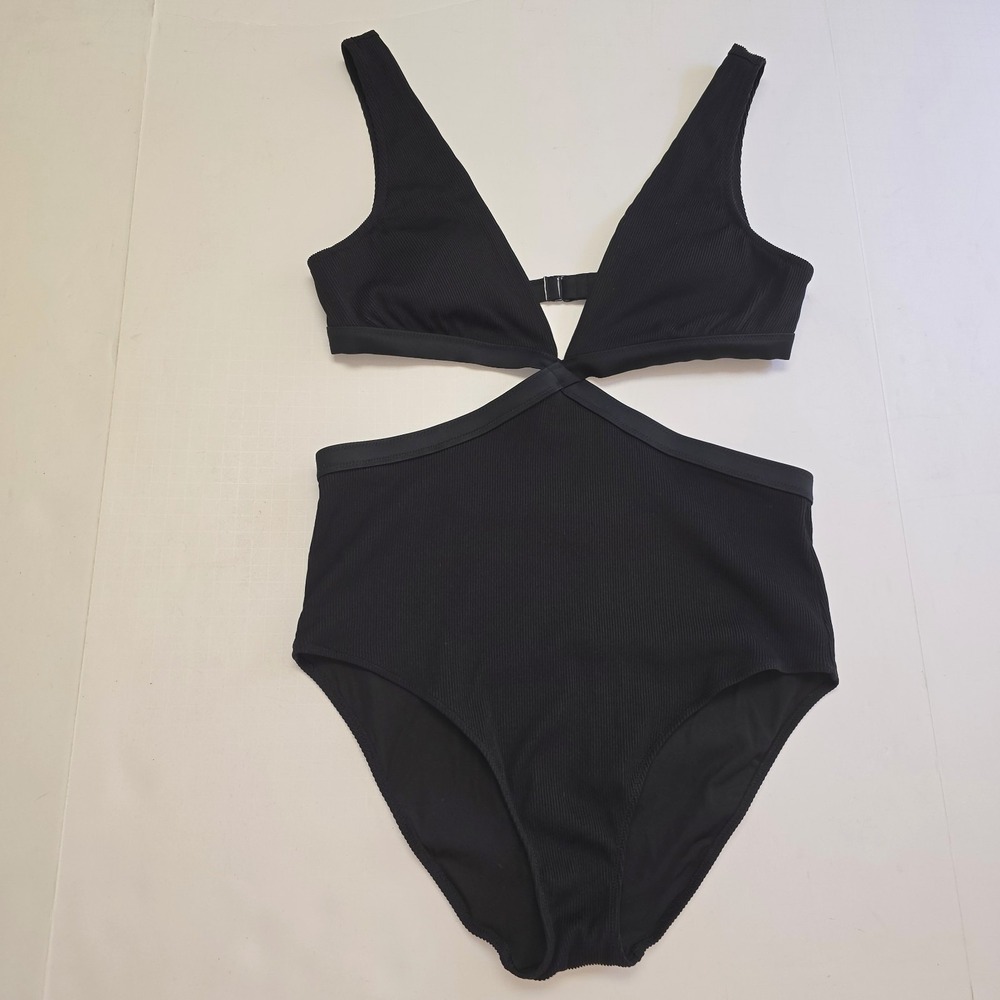 Aerie One Piece Swimsuit Size L Ribbed Mix Crossover Cut Out Black V-neck Womens